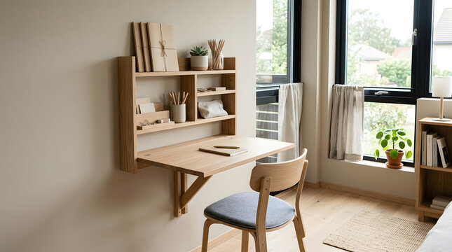 Compact wooden wall mounted folding desk with shelves and chair in a bright modern minimalist bedroom setup wooden shelf home office