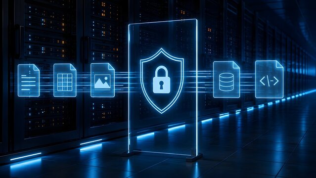 Cyber security network firewall concept with glowing padlock shield protecting digital data stream in server room infrastructure