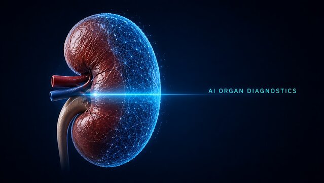 Advanced digital human kidney anatomy model glowing with scientific research data. AI healthcare research technology futuristic diagnostic healthcare hologram internal. AI healthcare