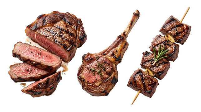 Grilled beef steak, lamb chop and meat skewer set. Assorted roasted red meat cuts with grill marks. Gourmet BBQ protein collection on white background.