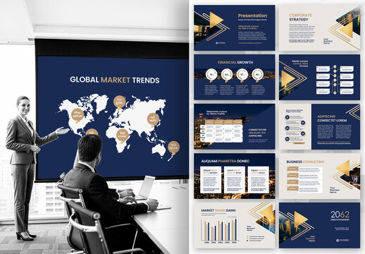 Modern Gold and Blue Business Presentation Template for Corporate Branding