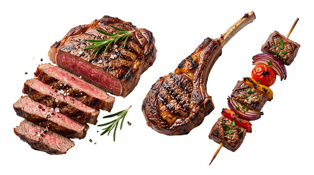 Grilled beef steak assortment, sliced ribeye with rosemary, tomahawk chop and meat kebab skewer, gourmet BBQ meat collection on white