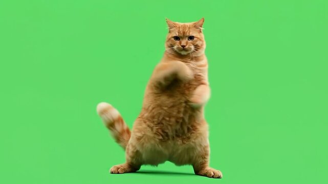 An orange tabby cat standing on its hind legs, performing a choreographed hip-hop dance.