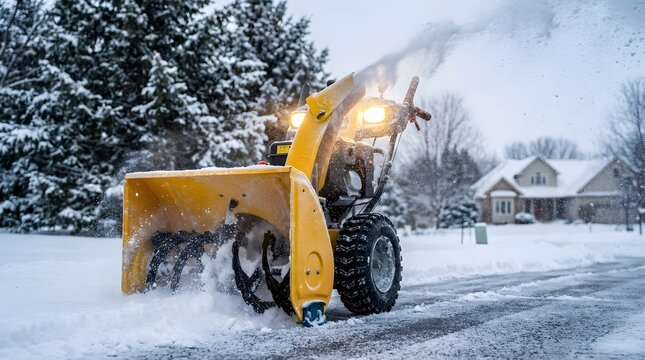 Yellow snow blower machine clearing heavy snow from a residential driveway during winter season.