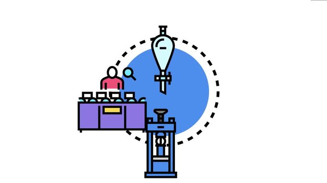 Laboratory advancement concept depicting scientific research and development. Showing a person working at a workbench with testing equipment and a separating funnel