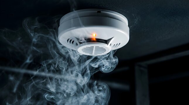 Smoke detector on ceiling activated by thick swirling smoke with red warning light in dark room, fire safety and home protection concept.