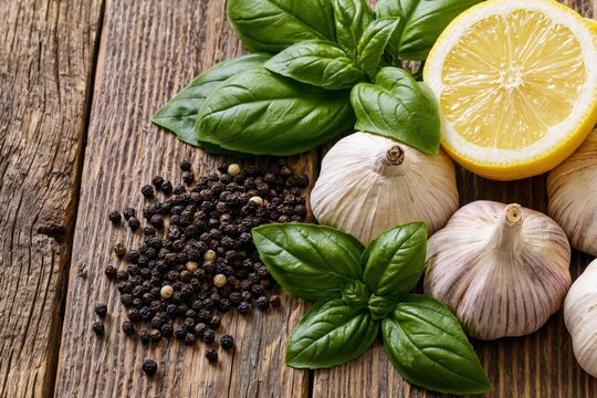 Fresh basil lemon garlic and pepper on wood