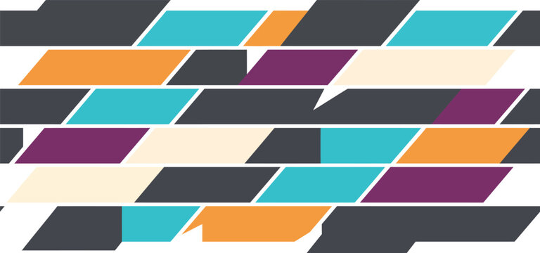 Abstract geometric background with colorful overlapping parallelogram shapes and patterns.