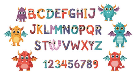 Naklejka premium Cute Monsters Alphabet & Numbers Set - Fun Cartoon Kids Learning Characters