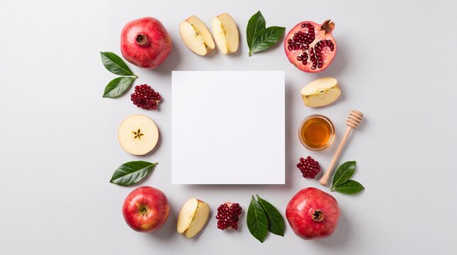 Pomegranates, apples, honey, and leaves arranged around a blank square for Rosh Hashanah celebration on a light background