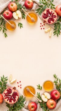Rosh Hashanah festive arrangement with apples, honey, and pomegranate on a light background, surrounded by green leaves and wooden honey dipper