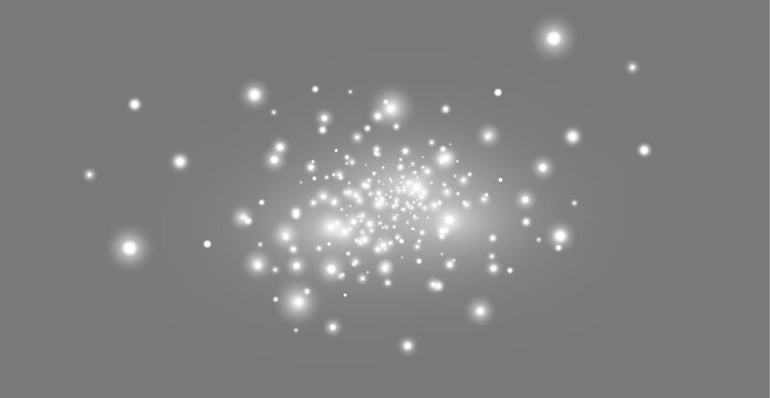 Magical glowing white bokeh particles and sparkling dust trail on grey background