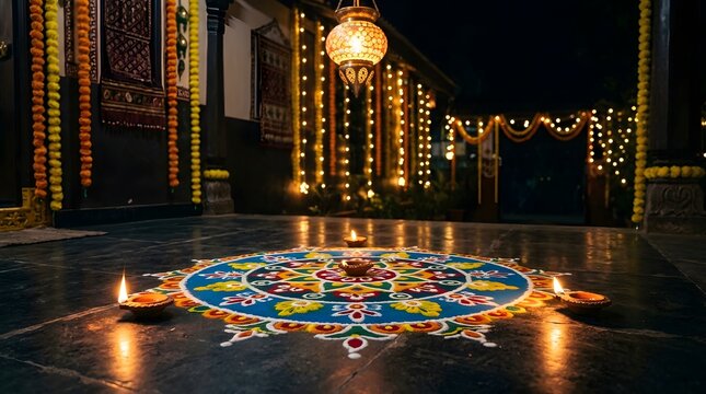 Traditional rangoli pattern with lit diyas for diwali festival