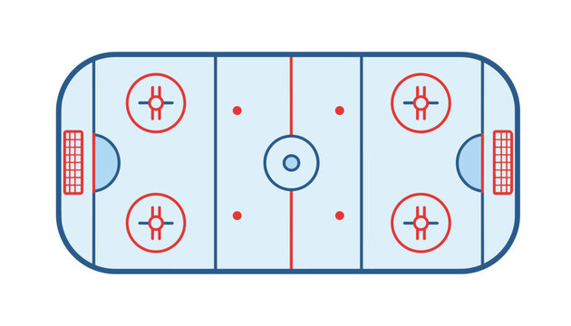 Overhead view of a hockey rink with standard ice markings, red lines, blue lines, and goal nets on white.