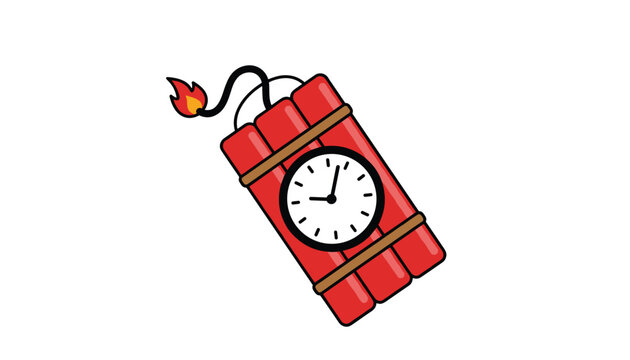 Burning dynamite time bomb consisting of red sticks and a ticking alarm clock is illustrated on a white background.