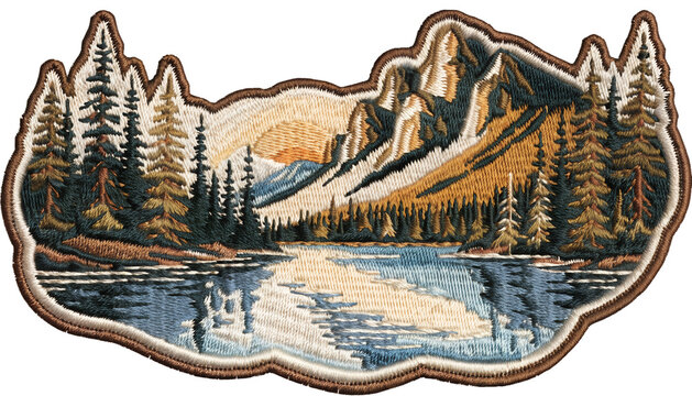 Vintage national park embroidered patch, majestic mountain landscape with pine forest, rising sun and a calm lake, layered detailed stitching and woven textile texture, thick raised embroidered border