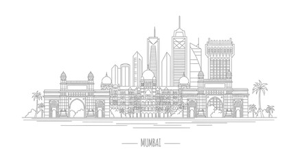 Obraz premium Mumbai Skyline Outline Illustration - Iconic Landmarks on Transparent Background