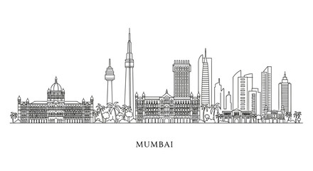 Naklejka premium Mumbai Skyline Silhouette Outline - Cityscape Line Art - India Architecture