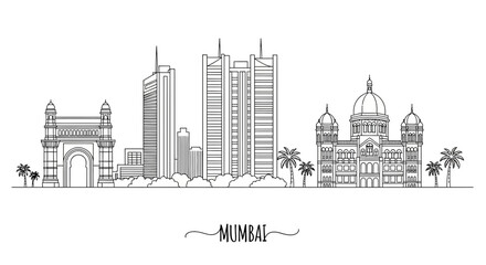 Naklejka premium Mumbai Skyline Silhouette, India Landmarks, Outline Drawing, Travel Icon
