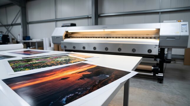 Professional landscape photo prints on a studio table with a large format printer in a modern workshop environment.