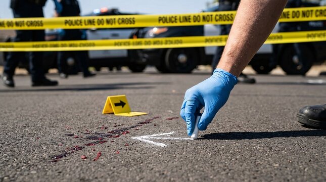 Close-up of a forensic investigator in blue gloves using chalk to draw an arrow next to a bloodstain on asphalt near a yellow direction marker.