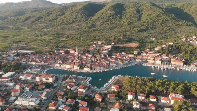 Croatia, the island of Hvar in Dalmatia. A bird's-eye view of Stari Grad. The town on the Adriatic sea at sunrise.