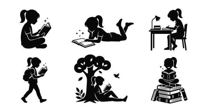 Silhouette collection of people reading books in various settings