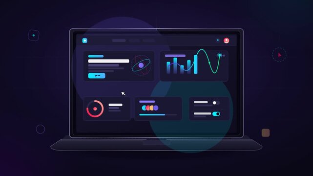 Modern laptop computer displaying futuristic data analytics dashboard with charts and graphs