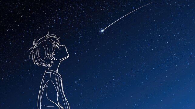 Growth and Goals Shown by Line Art Person Watching Shooting Star in Deep Blue Night Sky