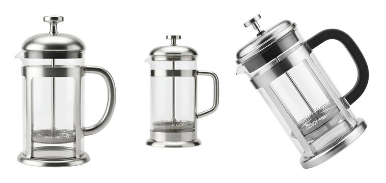 Three French press coffee makers on transparent background for kitchen and beverage use