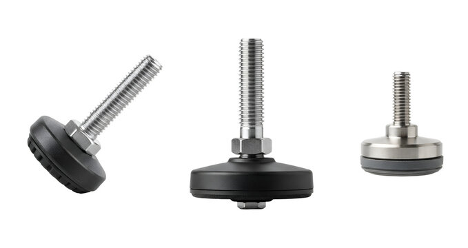 Three metal bolts with black and silver bases on transparent background