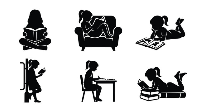 Silhouette collection of people reading books in various settings
