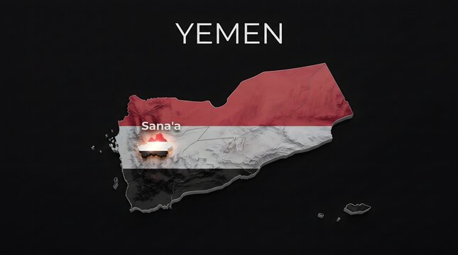 3D Map of Yemen with Flag Texture and Highlighted Capital City Sana'a Isolated on Black Background
