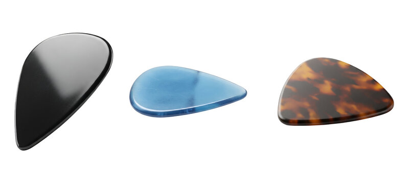 Three different guitar picks featuring a solid black piece a translucent blue plastic item and a classic tortoiseshell patterned accessory arranged neatly in a row displayed on transparent background