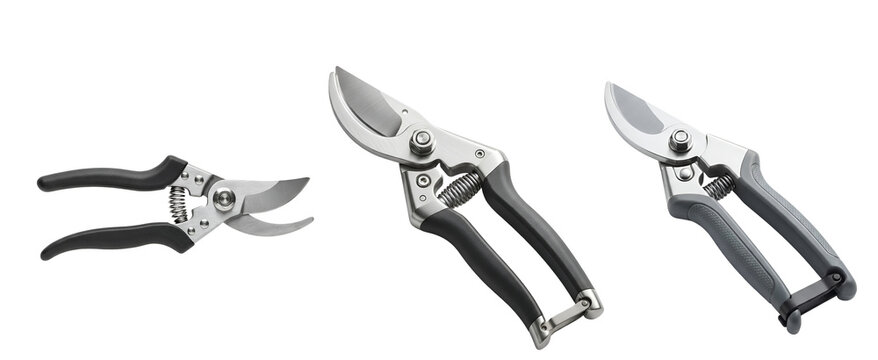 Three pairs of pruning shears with black handles and silver blades on transparent background