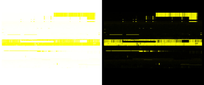 Abstract digital glitch texture, yellow signal distortion on black and white backgrounds, modern tech noise overlay