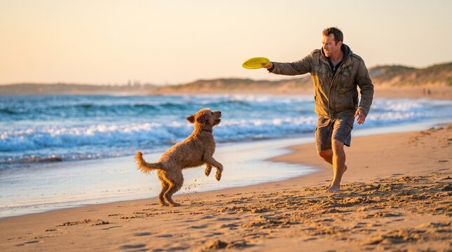 Man throwing frisbee for dog on sandy beach at sunset, outdoor play and pet care