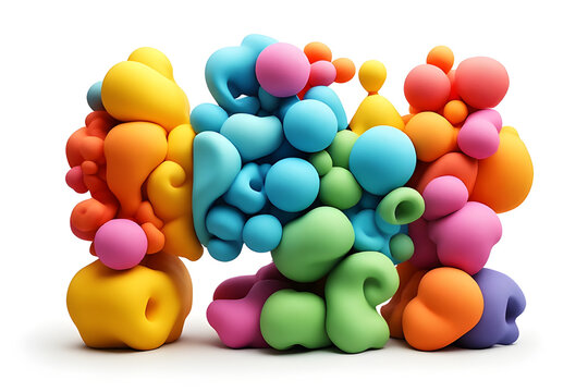 Vibrant 3D rendered abstract organic shapes in a colorful array of bubbles and blobs on a white background