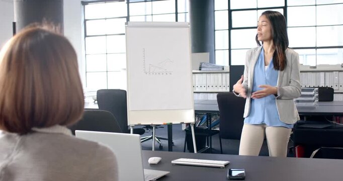 Lifestyle videos indoor of people doing activities at office, presenting business data, woman standi