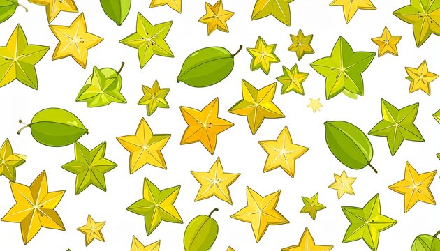 Fresh starfruit carambola fruit pattern with yellow and green slices on a clean white background for healthy food wallpaper design