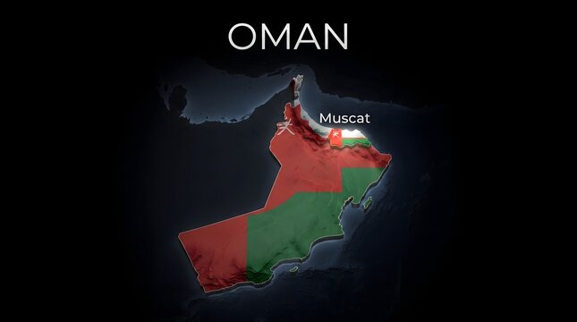 3D Map of Oman with Flag Texture and Highlighted Capital City Muscat Isolated on Black Background
