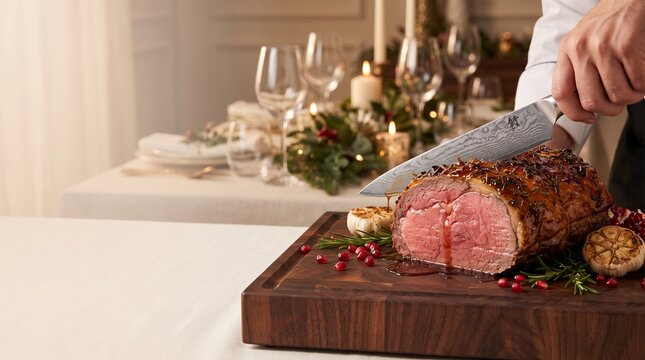 Carving succulent honey glazed holiday roast with rosemary and pomegranate seeds on a dark walnut cutting board