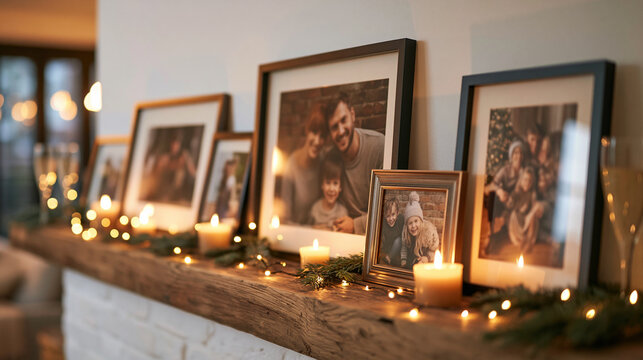 Family memories and cozy moments celebrating holidays at home, displaying cherished pictures on a fireplace mantle
