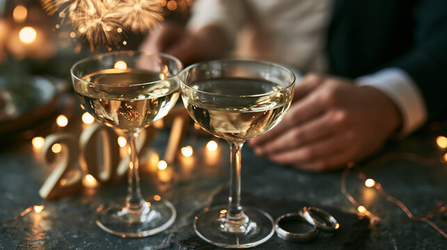 Celebrating new year, anniversary or special occasion with sparkling drinks, festive lights, and wedding rings
