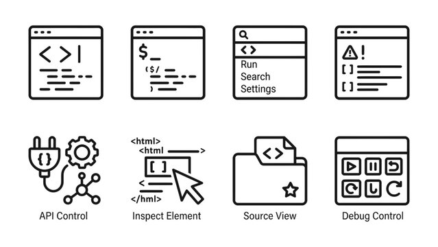 Programming Icons Set: A collection of clean, minimalist line icons representing various aspects of software development, including code snippets, command lines, menus, alerts, API control.
