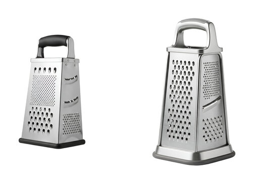 Two stainless steel graters with different handle designs on transparent background