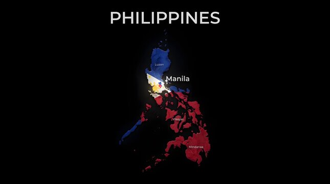 3D Map of Philippines with Flag Texture and Highlighted Capital City Manila Isolated on Black Background