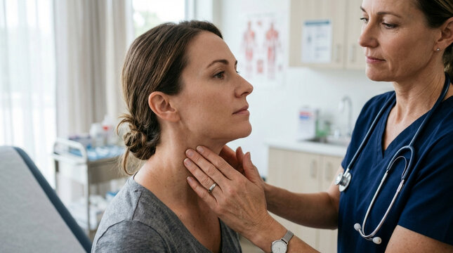 Doctor examining patient's neck for thyroid or lymph node issues in clinic