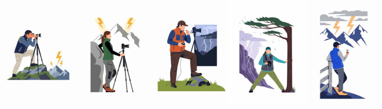 Collection of flat vector illustrations featuring landscape photographers capturing scenic mountain views and dramatic storms.