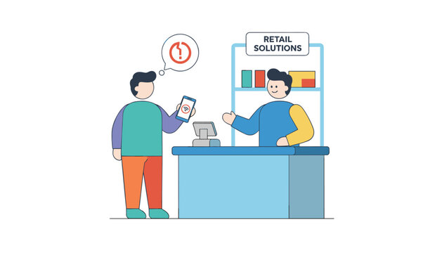 Frustrated customer showing a phone with no connection to a helpful assistant at a retail solutions desk.